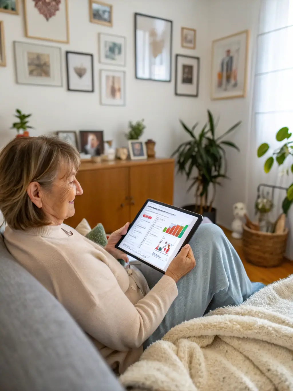 An image of a woman engaging in a virtual consultation with a friendly AI interface on her tablet, showcasing AI-Powered Health Consultations.