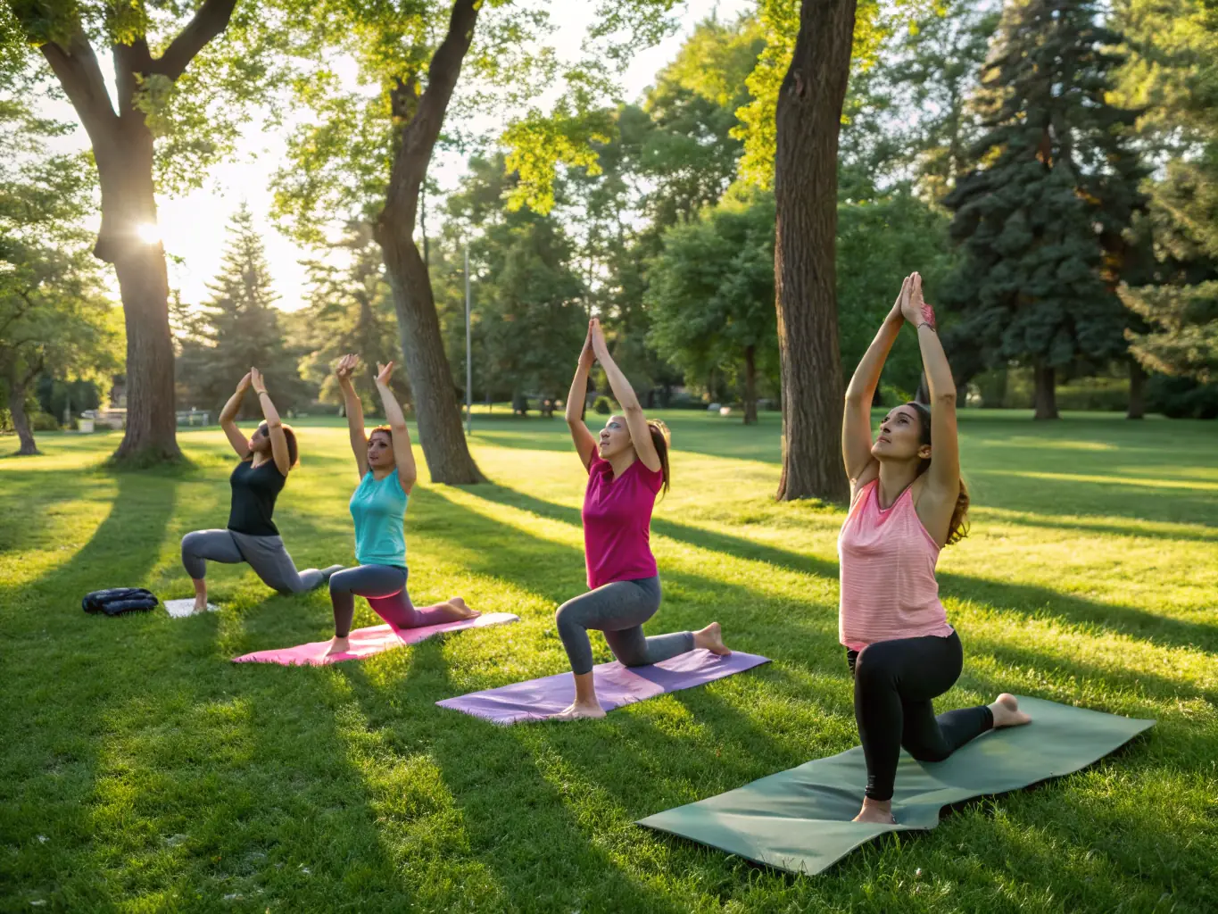 A group of diverse women laughing and supporting each other during a yoga class at a SusanAI@SoSure center, symbolizing community and shared wellness goals.