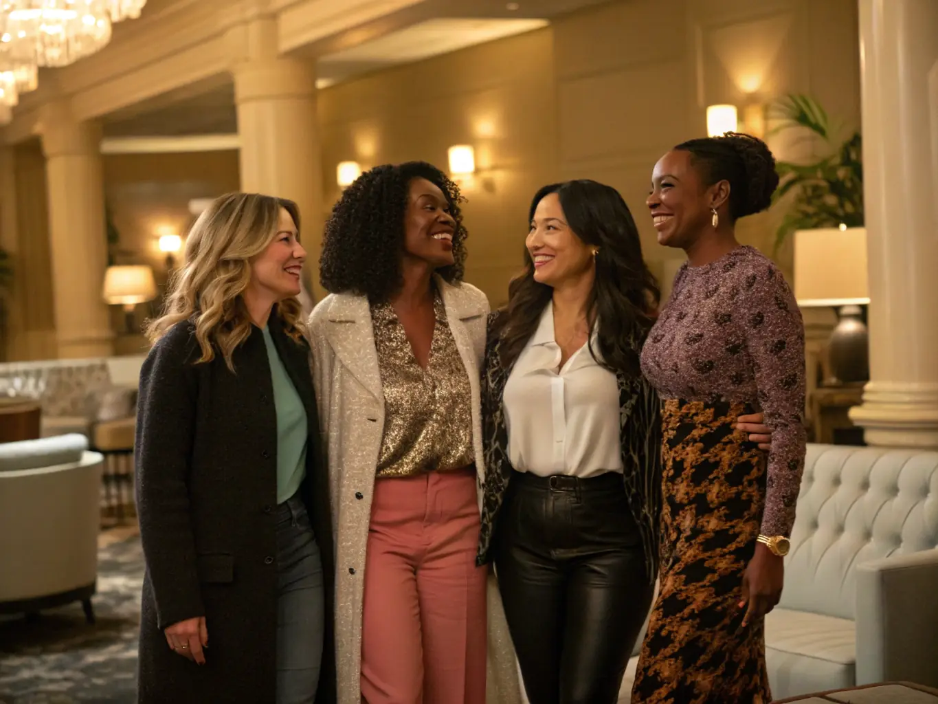 A group of women smiling and laughing together in a bright, modern space, suggesting a supportive community environment.