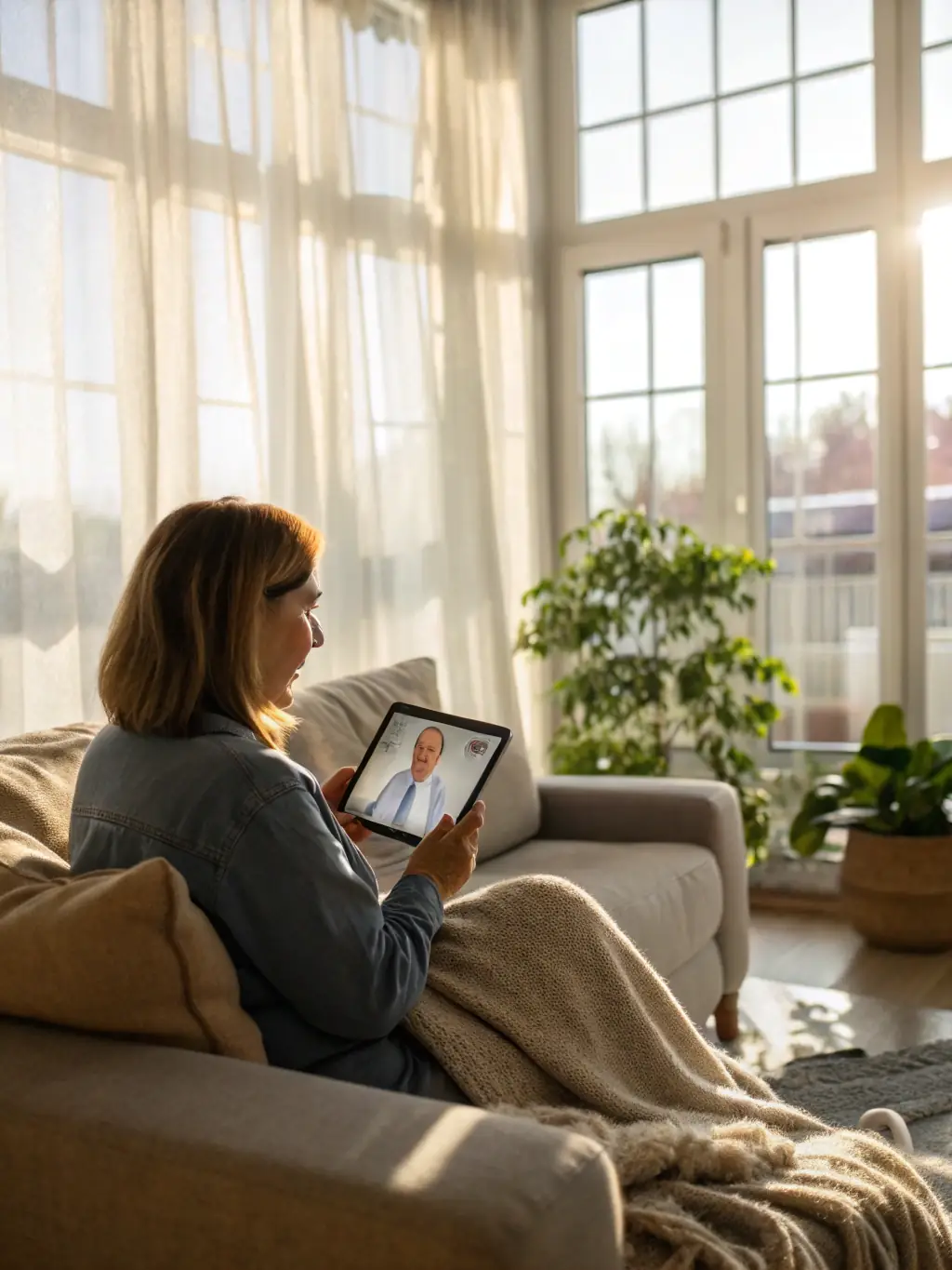 A friendly woman using the SusanAI app on her tablet, smiling as she reviews her personalized health assessment results, in a bright and modern home setting.