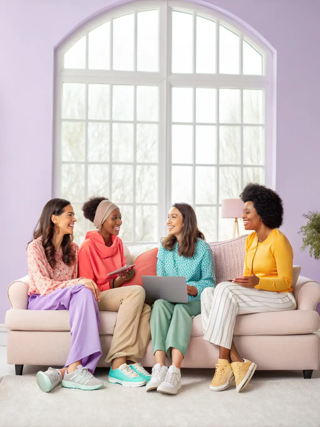 A diverse group of women connecting and supporting each other in an online community forum, sharing experiences and advice.