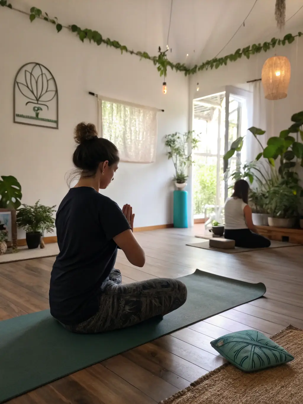 A woman smiling while participating in a yoga class at a SusanAI@SoSure physical center, emphasizing the wellness aspect of the services.